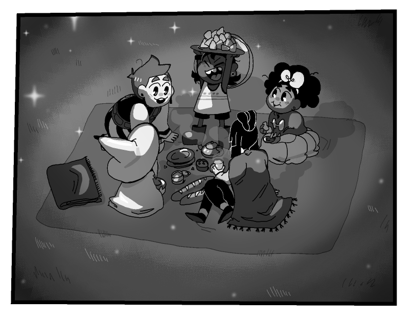 The entire group having a picnic. Everyone is happy and smiling while huddled around a variety of food. Bonnie triumphantly holds up a plate of samosas.