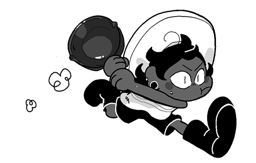 Bonnie runs forward with their frying pan at the ready and a determined expression.