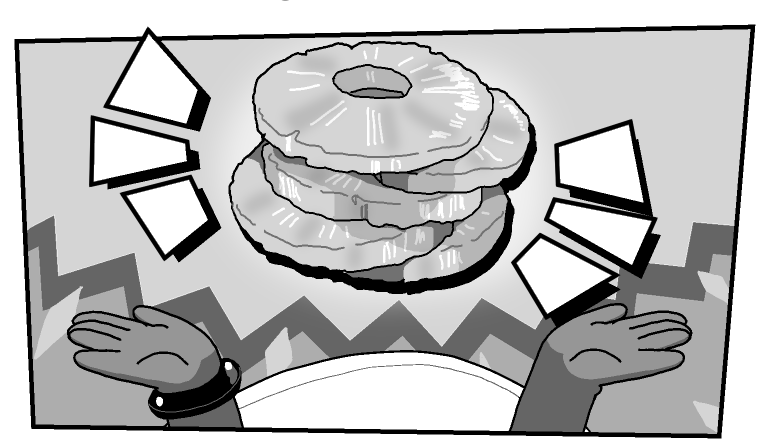 Bonnie holds up a stack of pineapple slices.